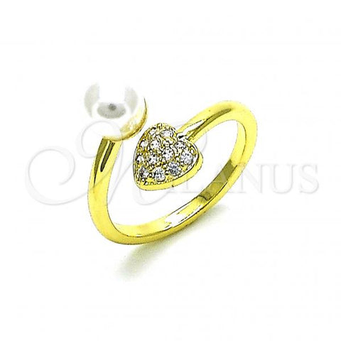 Oro Laminado Multi Stone Ring, Gold Filled Style Heart Design, with White Micro Pave and Ivory Pearl, Polished, Golden Finish, 01.341.0094