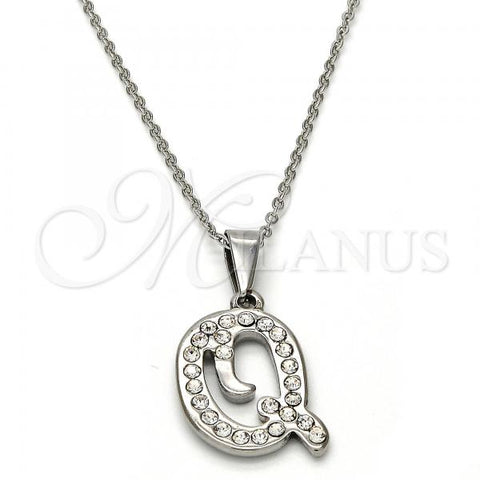 Stainless Steel Pendant Necklace, Initials and Rolo Design, with White Crystal, Polished, Steel Finish, 04.238.0026.18