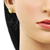 Oro Laminado Stud Earring, Gold Filled Style Heart and Flower Design, Diamond Cutting Finish, Golden Finish, 02.342.0279