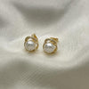 Oro Laminado Stud Earring, Gold Filled Style with Ivory Pearl and White Micro Pave, Polished, Golden Finish, 02.342.0148