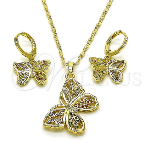 Oro Laminado Earring and Pendant Adult Set, Gold Filled Style Butterfly Design, with Multicolor Micro Pave, Polished, Golden Finish, 10.196.0133.1