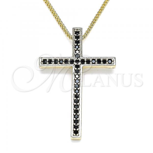 Oro Laminado Pendant Necklace, Gold Filled Style Cross Design, with Black Cubic Zirconia, Polished, Golden Finish, 04.284.0026.2.20