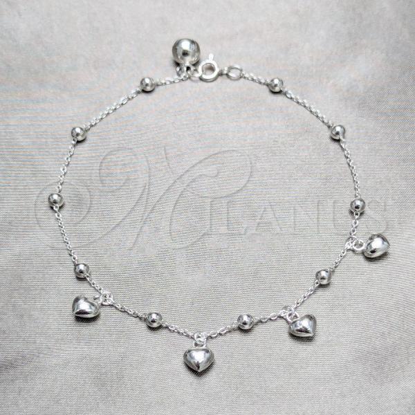 Sterling Silver Fancy Anklet, Heart and Ball Design, Polished, Silver Finish, 03.409.0040.10