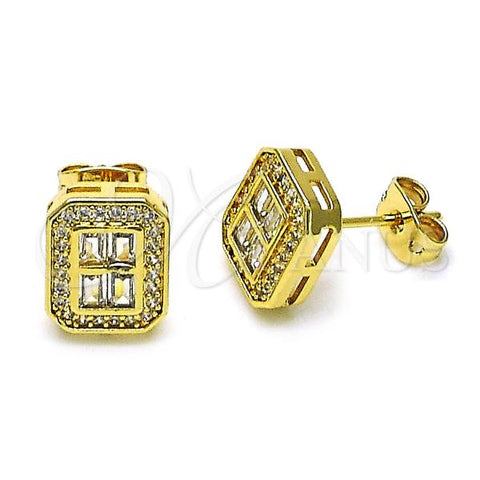 Oro Laminado Stud Earring, Gold Filled Style Baguette Design, with White Micro Pave and White Cubic Zirconia, Polished, Golden Finish, 02.342.0294
