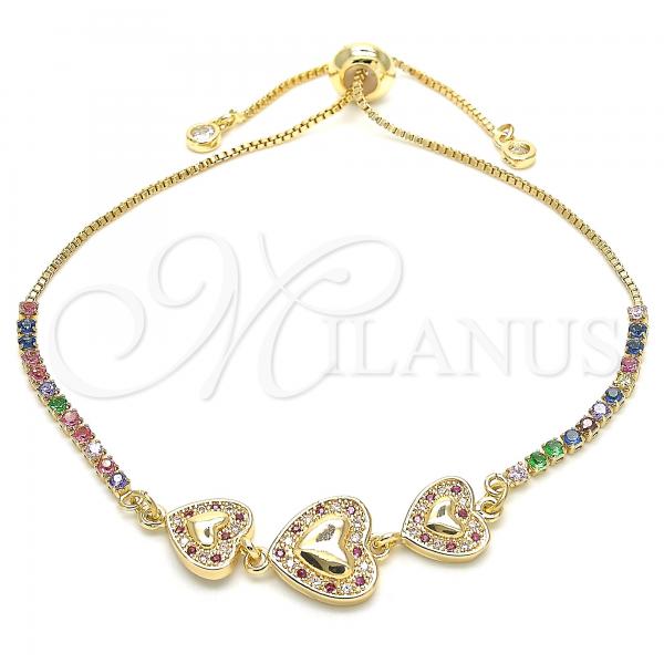 Oro Laminado Adjustable Bolo Bracelet, Gold Filled Style Heart Design, with Ruby and White Cubic Zirconia, Polished, Golden Finish, 03.233.0018.1.12