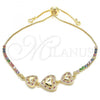 Oro Laminado Adjustable Bolo Bracelet, Gold Filled Style Heart Design, with Ruby and White Cubic Zirconia, Polished, Golden Finish, 03.233.0018.1.12