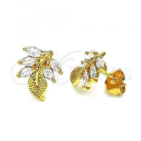 Oro Laminado Stud Earring, Gold Filled Style Leaf Design, with White Cubic Zirconia, Polished, Golden Finish, 02.387.0082