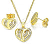 Oro Laminado Earring and Pendant Adult Set, Gold Filled Style Heart Design, with White Micro Pave, Polished, Golden Finish, 10.94.0002