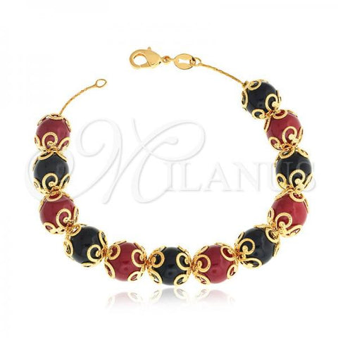 Oro Laminado Fancy Bracelet, Gold Filled Style Ball and Snake Design, with Black and Ruby Pearl, Multicolor Polished, Golden Finish, 03.32.0171.07