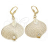 Oro Laminado Dangle Earring, Gold Filled Style Leaf and Filigree Design, with White Crystal, Polished, Golden Finish, 80.004