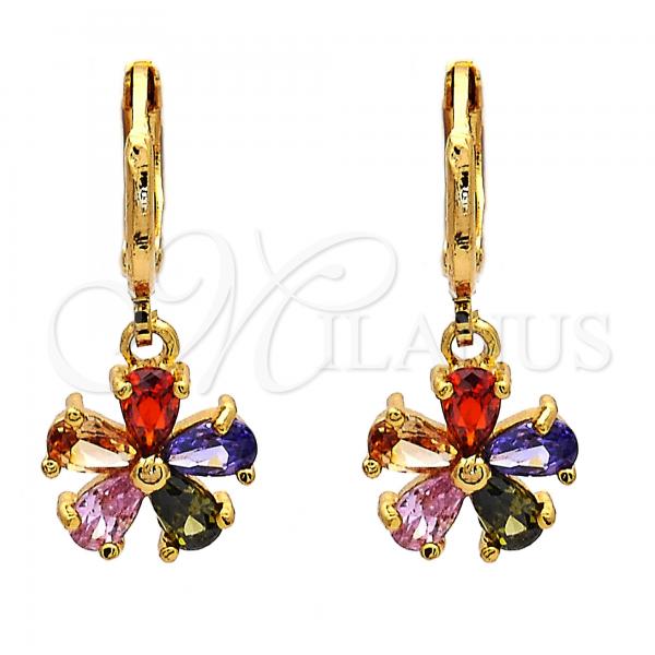 Oro Laminado Dangle Earring, Gold Filled Style Flower Design, with Multicolor Cubic Zirconia, Polished, Golden Finish, 02.217.0059.1