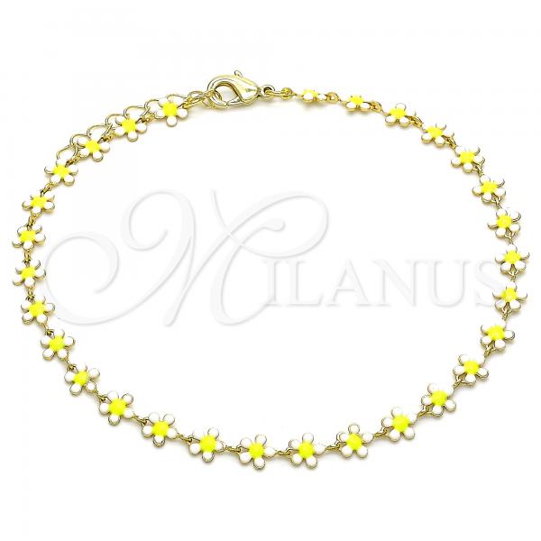 Oro Laminado Fancy Anklet, Gold Filled Style Flower Design, White Enamel Finish, Golden Finish, 03.386.0008.10