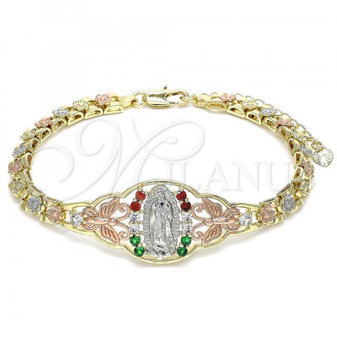 Oro Laminado Fancy Bracelet, Gold Filled Style Guadalupe and Butterfly Design, with Multicolor Micro Pave, Polished, Tricolor, 03.380.0008.07