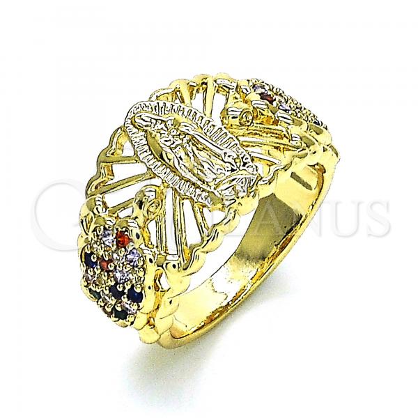 Oro Laminado Multi Stone Ring, Gold Filled Style Guadalupe and Turtle Design, with Multicolor Cubic Zirconia, Polished, Golden Finish, 01.380.0027.1.08