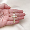 Oro Laminado Religious Pendant, Gold Filled Style Cross Design, with White Crystal, Polished, Golden Finish, 05.213.0081