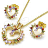 Oro Laminado Earring and Pendant Adult Set, Gold Filled Style Heart Design, with Multicolor Cubic Zirconia, Polished, Golden Finish, 10.316.0015.2