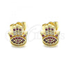 Oro Laminado Stud Earring, Gold Filled Style Hand of God Design, with Ruby and White Micro Pave, Polished, Golden Finish, 02.156.0577