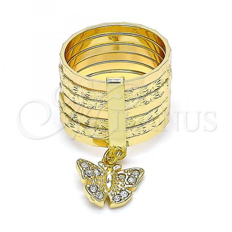 Oro Laminado Multi Stone Ring, Gold Filled Style Semanario and Butterfly Design, with White Crystal, Diamond Cutting Finish, Golden Finish, 01.253.0035.1.09 (Size 9)