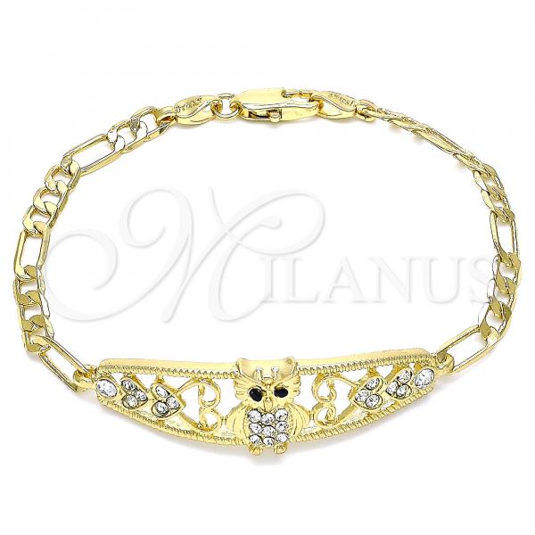 Oro Laminado Fancy Bracelet, Gold Filled Style Owl and Heart Design, with White and Black Crystal, Polished, Golden Finish, 03.380.0050.08