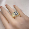 Oro Laminado Elegant Ring, Gold Filled Style San Judas and Greek Key Design, Black Enamel Finish, Golden Finish, 01.411.0004