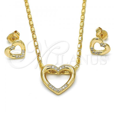 Oro Laminado Earring and Pendant Adult Set, Gold Filled Style Heart Design, with White Micro Pave, Polished, Golden Finish, 10.156.0146