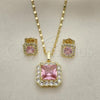 Oro Laminado Earring and Pendant Adult Set, Gold Filled Style with Pink and White Cubic Zirconia, Polished, Golden Finish, 10.196.0088