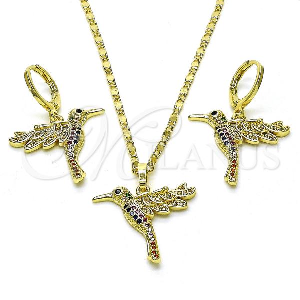 Oro Laminado Earring and Pendant Adult Set, Gold Filled Style Bird Design, with Multicolor Micro Pave, Polished, Golden Finish, 10.196.0137