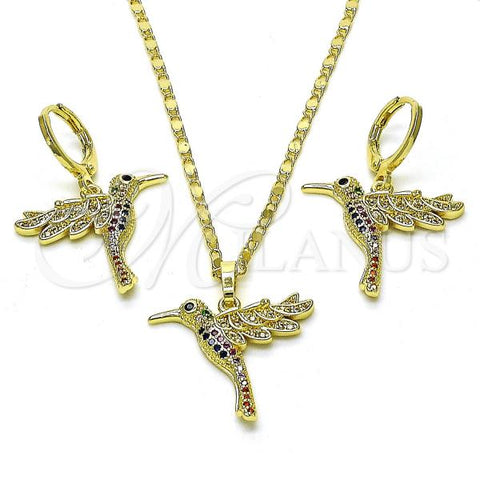 Oro Laminado Earring and Pendant Adult Set, Gold Filled Style Bird Design, with Multicolor Micro Pave, Polished, Golden Finish, 10.196.0137
