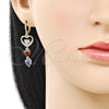 Oro Laminado Long Earring, Gold Filled Style Heart Design, with Multicolor Cubic Zirconia and White Micro Pave, Polished, Golden Finish, 02.196.0250