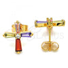 Oro Laminado Stud Earring, Gold Filled Style Cross Design, with Multicolor Cubic Zirconia, Polished, Golden Finish, 02.345.0011