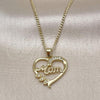 Oro Laminado Pendant Necklace, Gold Filled Style Heart and Mom Design, with White Cubic Zirconia, Polished, Golden Finish, 04.342.0002.18