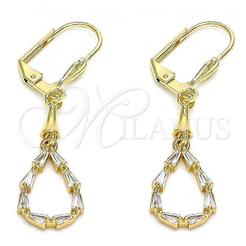 Oro Laminado Long Earring, Gold Filled Style Teardrop Design, with White Cubic Zirconia, Polished, Golden Finish, 02.213.0328