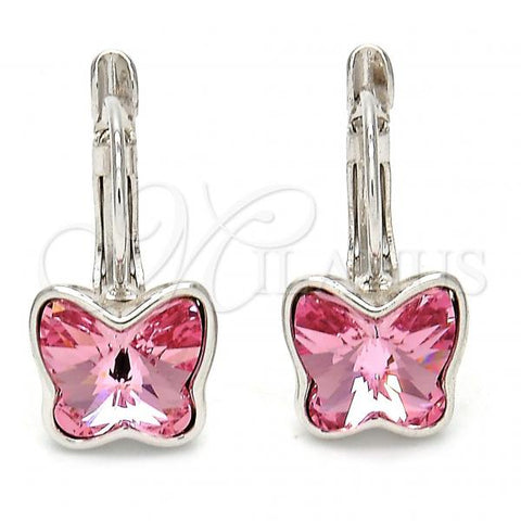 Rhodium Plated Leverback Earring, Butterfly Design, with Light Rose Swarovski Crystals, Polished, Rhodium Finish, 02.239.0011