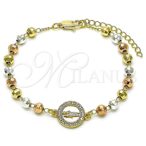 Oro Laminado Fancy Bracelet, Gold Filled Style San Judas and Ball Design, with White Cubic Zirconia, Diamond Cutting Finish, Tricolor, 03.253.0110.07