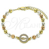 Oro Laminado Fancy Bracelet, Gold Filled Style San Judas and Ball Design, with White Cubic Zirconia, Diamond Cutting Finish, Tricolor, 03.253.0110.07