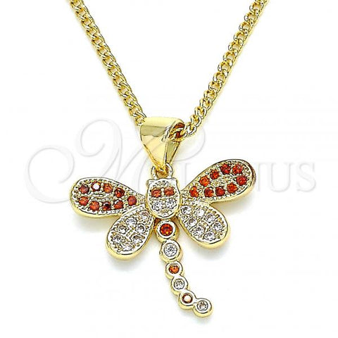 Oro Laminado Pendant Necklace, Gold Filled Style Dragon-Fly Design, with Garnet and White Micro Pave, Polished, Golden Finish, 04.156.0297.1.20
