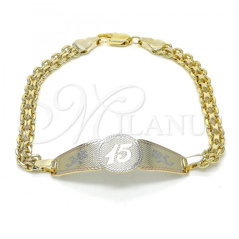 Oro Laminado ID Bracelet, Gold Filled Style Flower Design, Polished, Tricolor, 03.63.1919.1.08