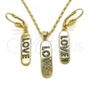 Oro Laminado Earring and Pendant Adult Set, Gold Filled Style Nameplate and Love Design, with Green Micro Pave, Polished, Golden Finish, 10.196.0072.1