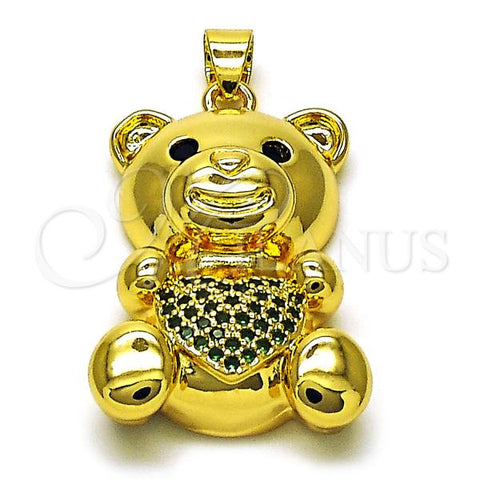 Oro Laminado Fancy Pendant, Gold Filled Style Teddy Bear Design, with Green and Black Micro Pave, Polished, Golden Finish, 05.341.0086.2