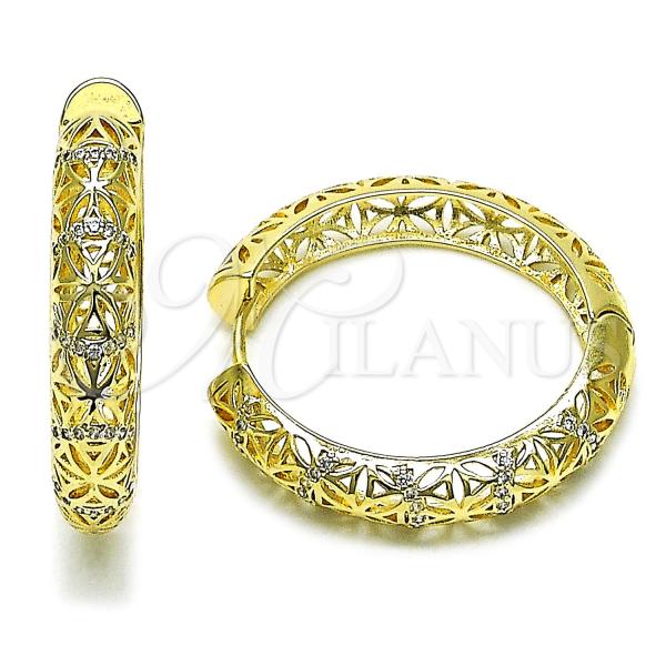 Oro Laminado Huggie Hoop, Gold Filled Style Flower Design, with White Micro Pave, Polished, Golden Finish, 02.204.0046.35