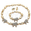 Oro Laminado Necklace, Bracelet and Earring, Gold Filled Style Elephant and Hugs and Kisses Design, with White Crystal, Polished, Golden Finish, 06.372.0012