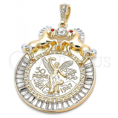 Oro Laminado Religious Pendant, Gold Filled Style Centenario Coin and Horse Design, with White and Garnet Crystal, Polished, Two Tone, 05.351.0152.1