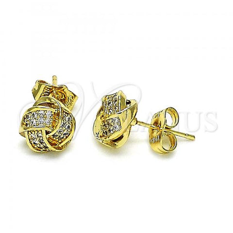 Oro Laminado Stud Earring, Gold Filled Style Love Knot Design, with White Micro Pave, Polished, Golden Finish, 02.156.0639