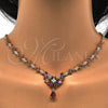 Oro Laminado Necklace and Earring, Gold Filled Style Teardrop and Leaf Design, with Multicolor Cubic Zirconia, Polished, Golden Finish, 06.236.0002.1