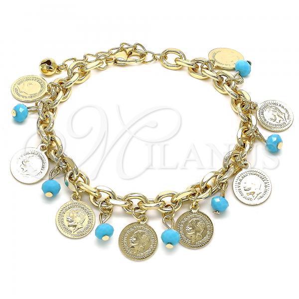 Oro Laminado Charm Bracelet, Gold Filled Style with Turquoise Crystal, Polished, Golden Finish, 03.331.0120.08