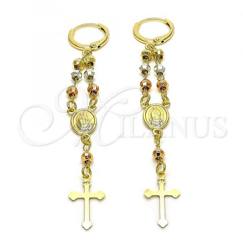 Oro Laminado Long Earring, Gold Filled Style Guadalupe and Cross Design, Polished, Tricolor, 02.253.0067