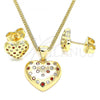 Oro Laminado Earring and Pendant Adult Set, Gold Filled Style Heart Design, with Garnet and White Micro Pave, Polished, Golden Finish, 10.156.0291.1