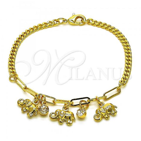 Oro Laminado Charm Bracelet, Gold Filled Style Elephant and Paperclip Design, with White Crystal, Polished, Golden Finish, 03.63.2238.08