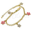 Oro Laminado Charm Bracelet, Gold Filled Style Star and Rolo Design, with White Crystal, Pink Enamel Finish, Golden Finish, 03.63.1367.07