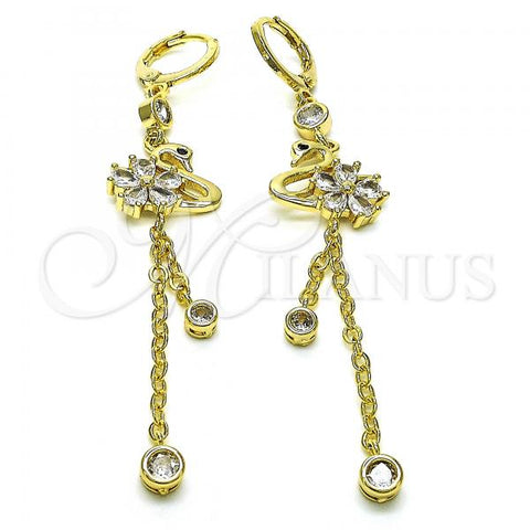 Oro Laminado Long Earring, Gold Filled Style Rolo and Swan Design, with Black Micro Pave and White Cubic Zirconia, Polished, Golden Finish, 02.316.0084.1